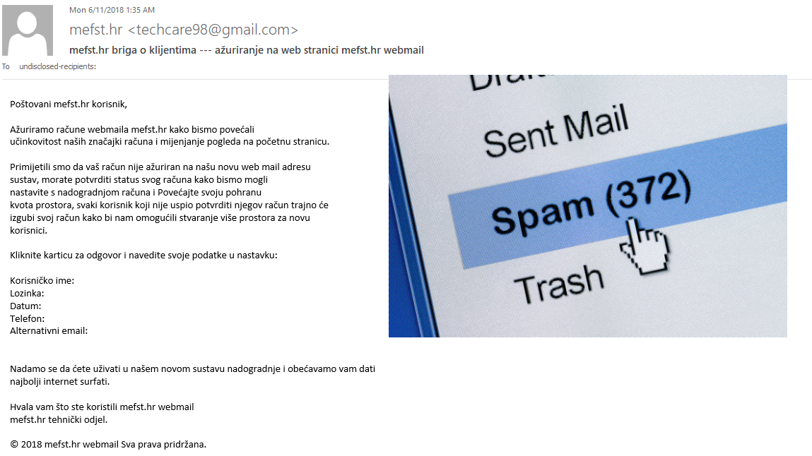 VAŽNO - Nova zlonamjerna phishing prijetnja putem elektroničke pošte